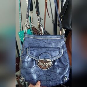 KATHY VAN ZEALAND Blue Crocodile-Embossed Shoulder Bag